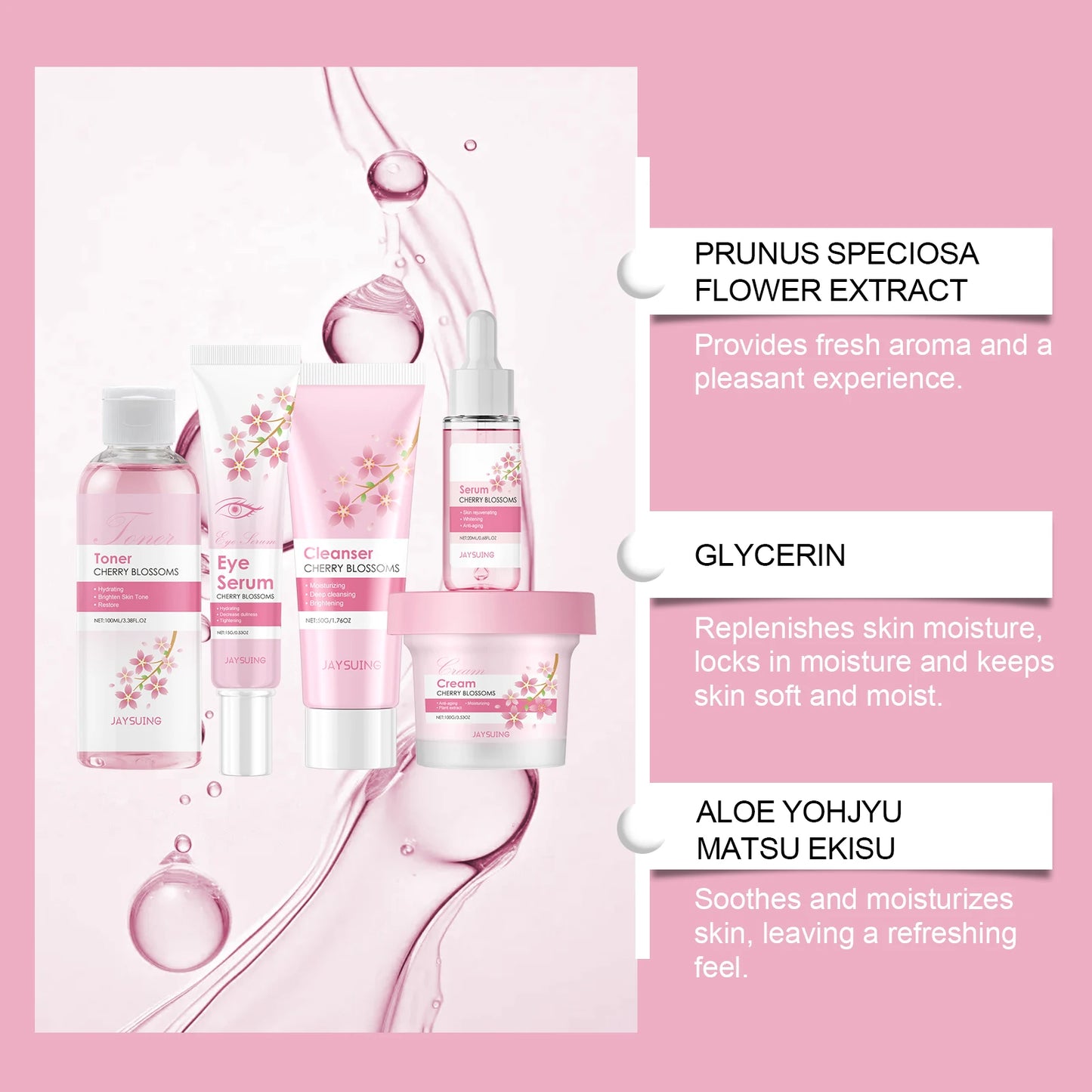 Kit Sakura Skin Care (Savon visage,Tonner, Sérum yeux, Sérum, Crème hydratante)